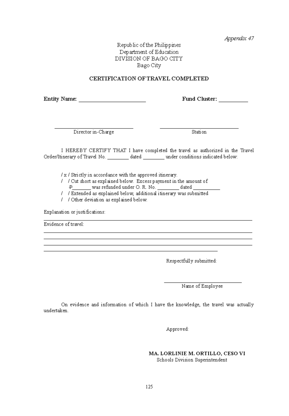 Appendix 47 Certificate of Travel Complete for employees Appendix