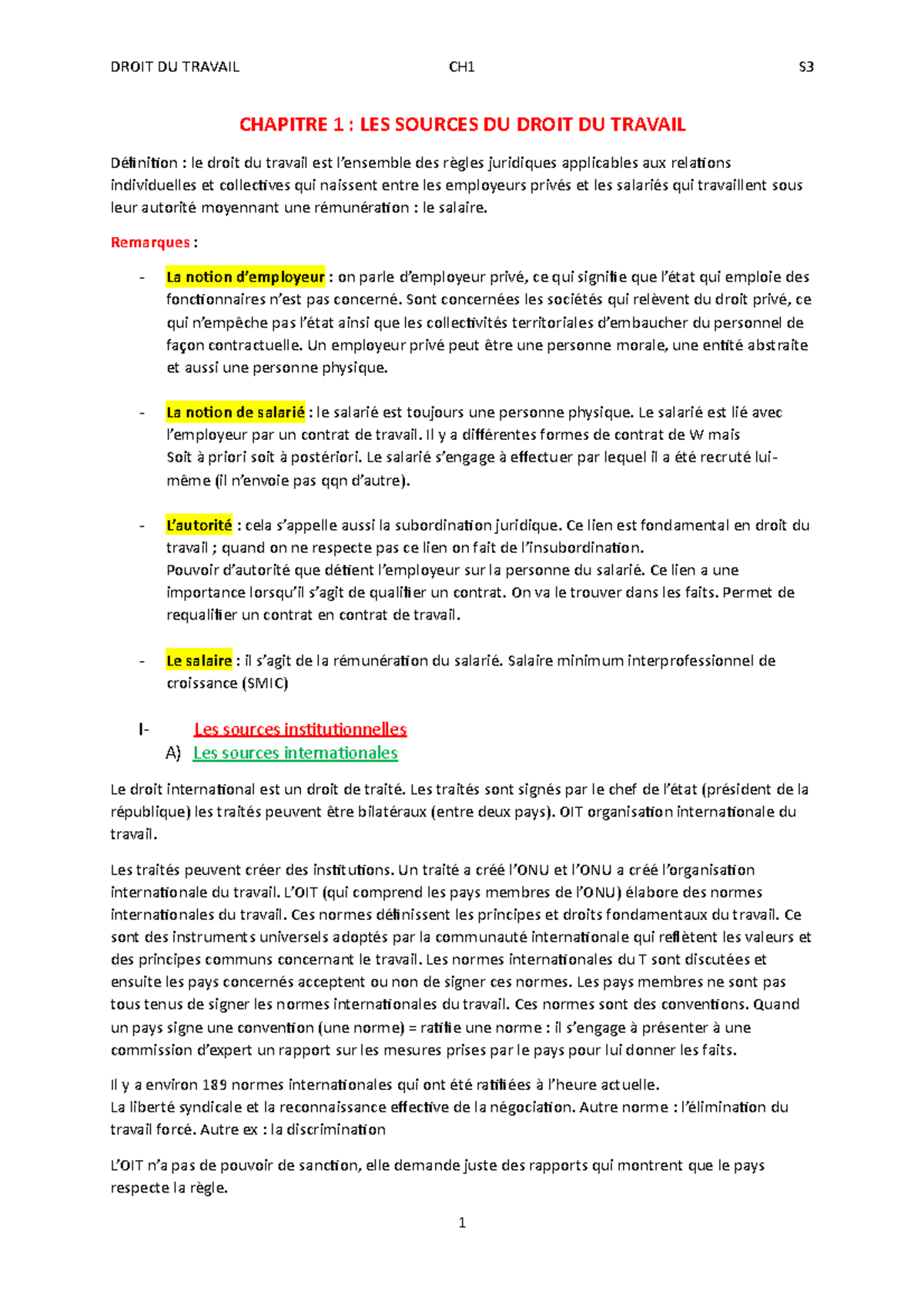 Chapitre 1 - Les sources du droit du travail - DROIT DU TRAVAIL CH1 S ...