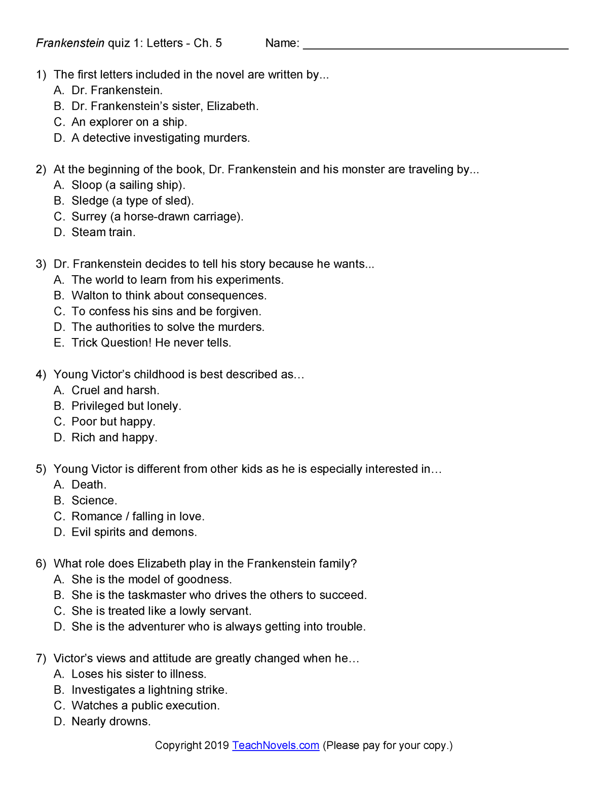 Frankenstein Reading Quizzes (list view) - Frankenstein quiz 1: Letters ...