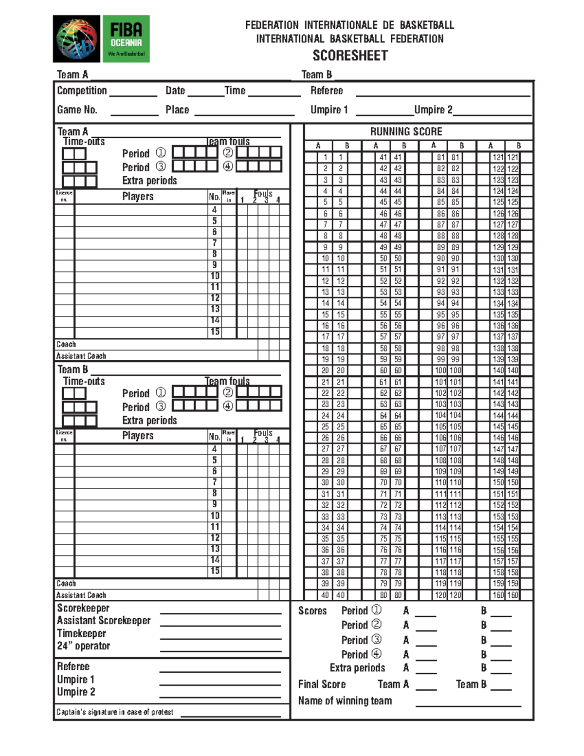 FIBA Scoresheet Scoresheet For Volleyball FEDERATION INTERNATIONALE