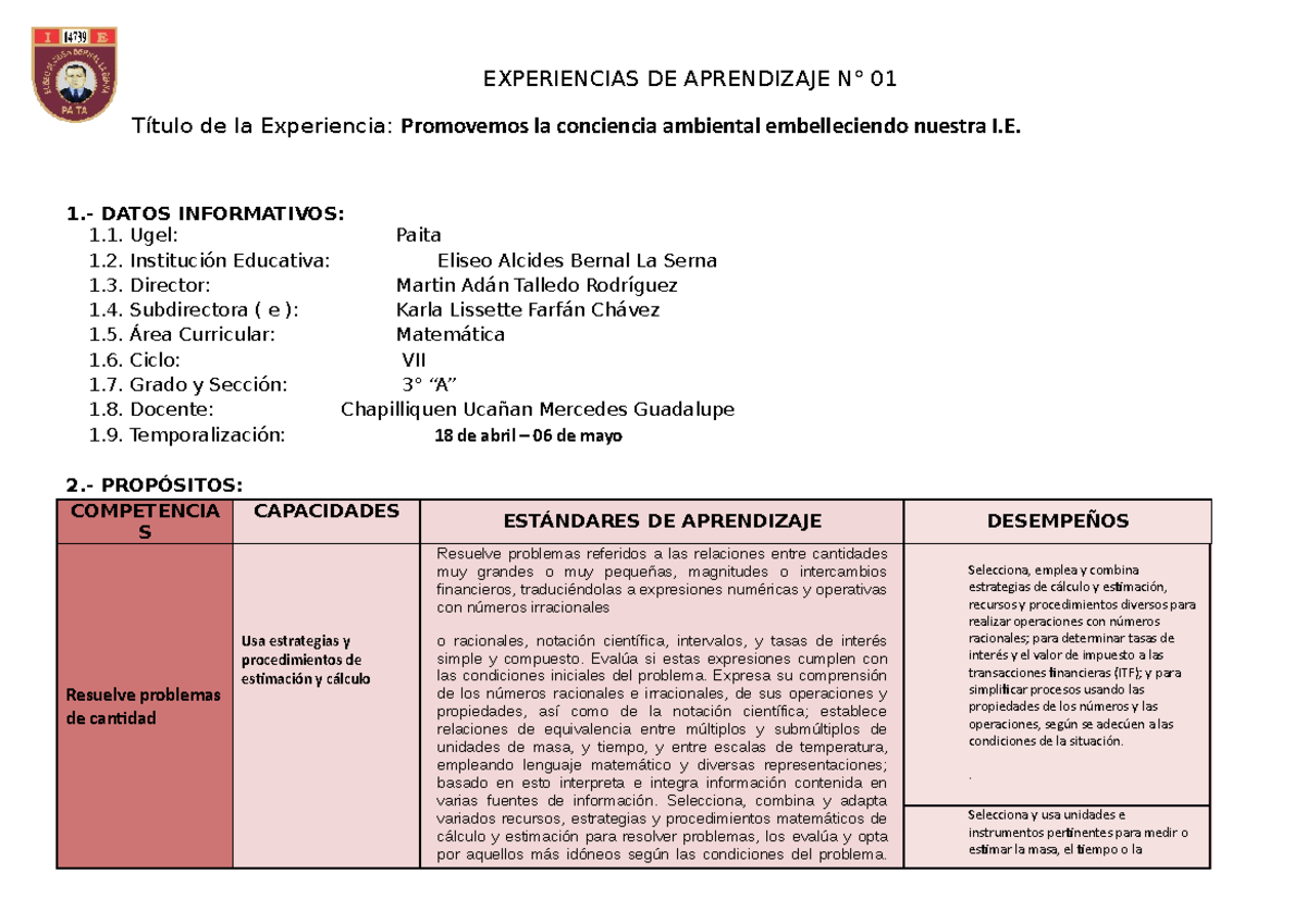 Experiencia DE Aprendizaje 1 - EXPERIENCIAS DE APRENDIZAJE N° 01 Título ...