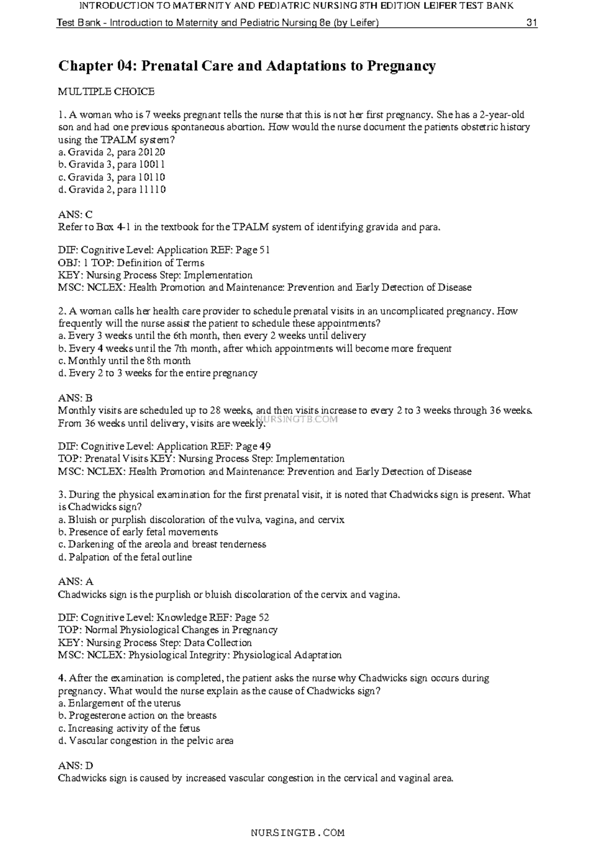 TB-Chapter 04 Prenatal Care And Adaptations To Pregnancy - NURSINGTB ...