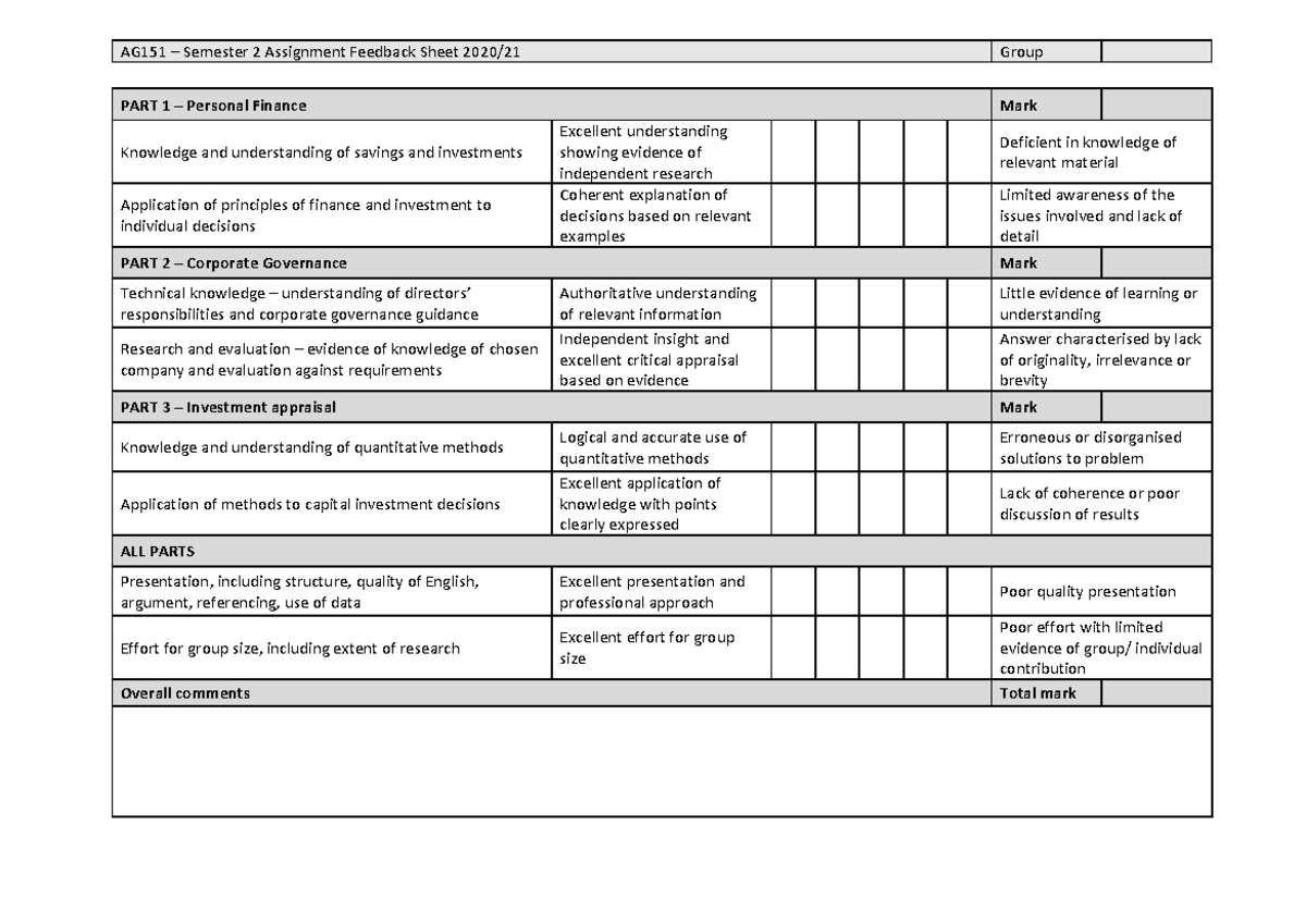 AG151 Semester 2 Assignment - feedback sheet and marks - AG151 ...