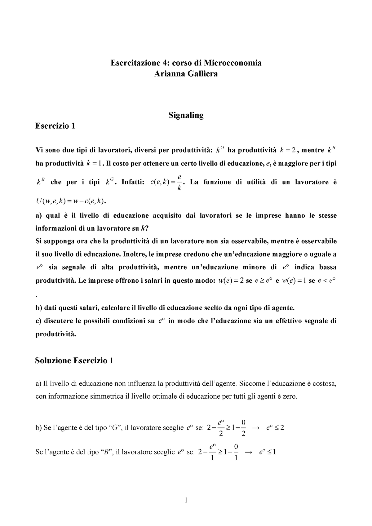 Esercitazione Micro - Esercitazione 4: Corso Di Microeconomia Arianna ...