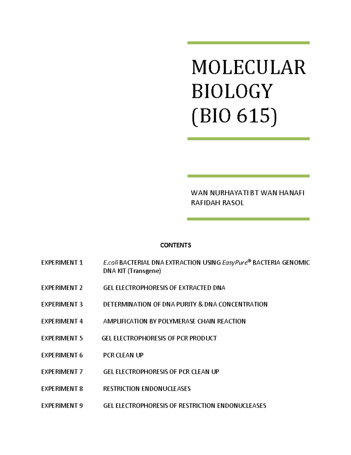 1. LAB Manual BIO 615 latest edition (2019 ) - CONTENTS EXPERIMENT 1 E ...