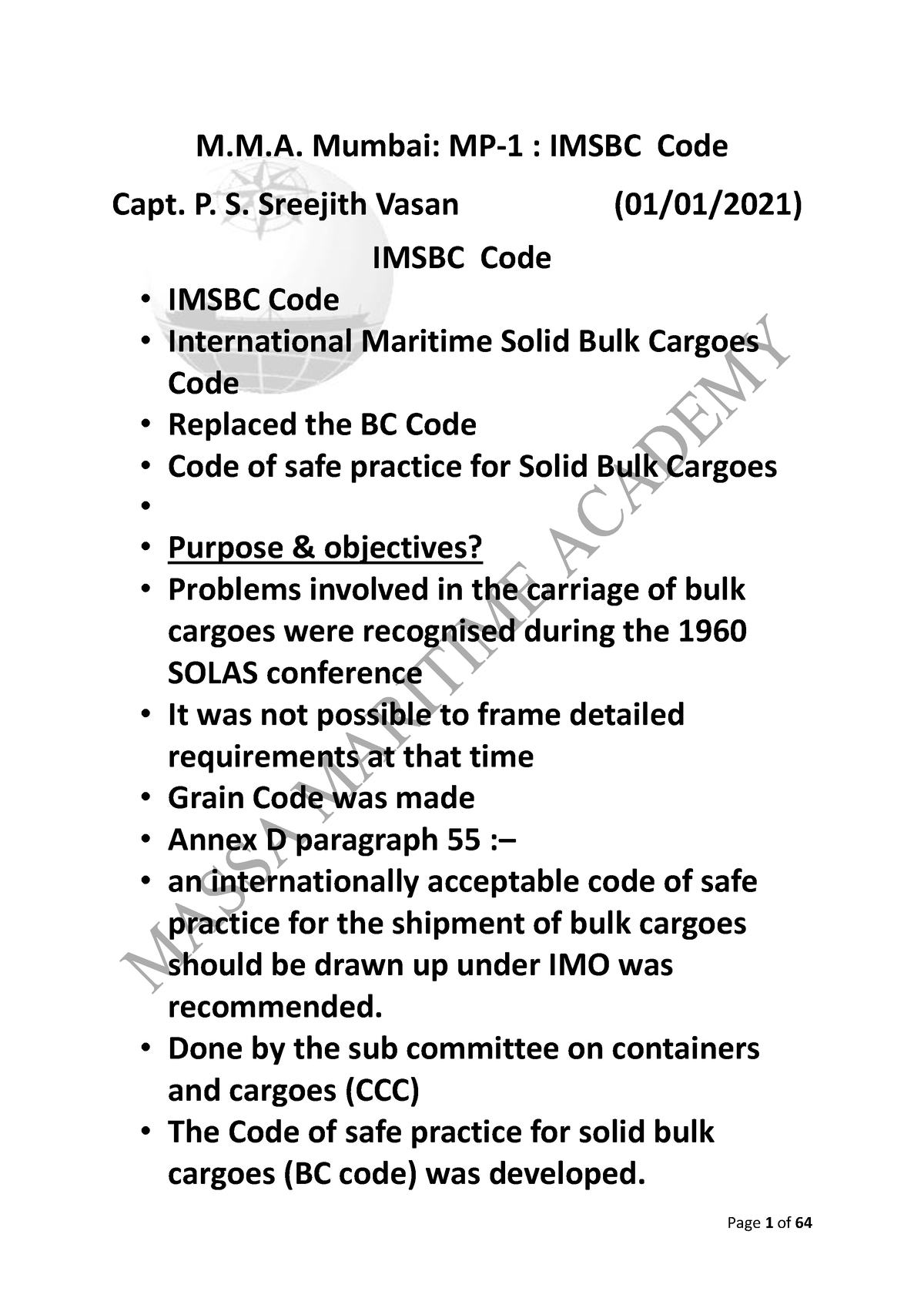 5 Imsbc Code Summary Natural Resource M.M. Mumbai MP1 IMSBC