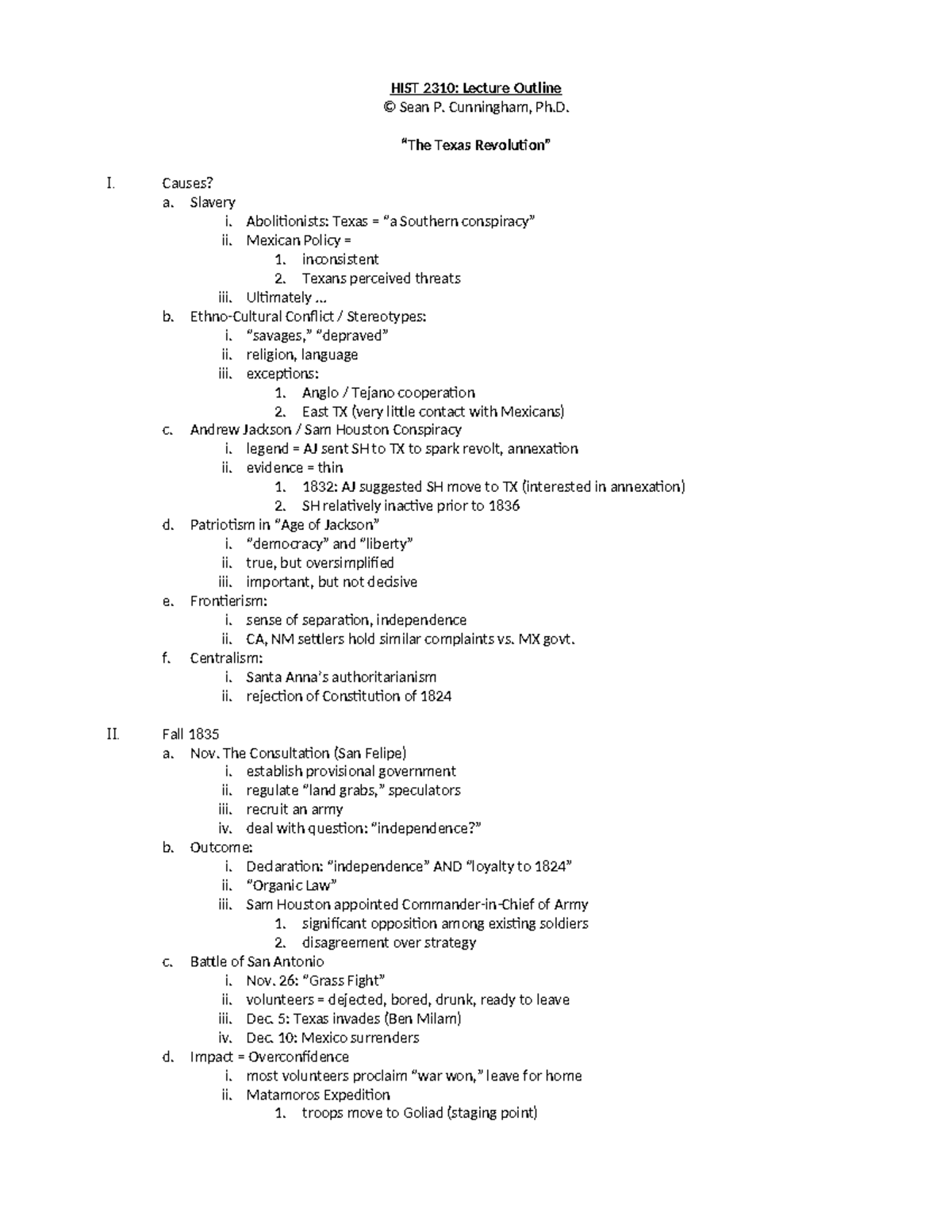 5 - Texas Revolution - notes - HIST 2310: Lecture Outline © Sean P ...