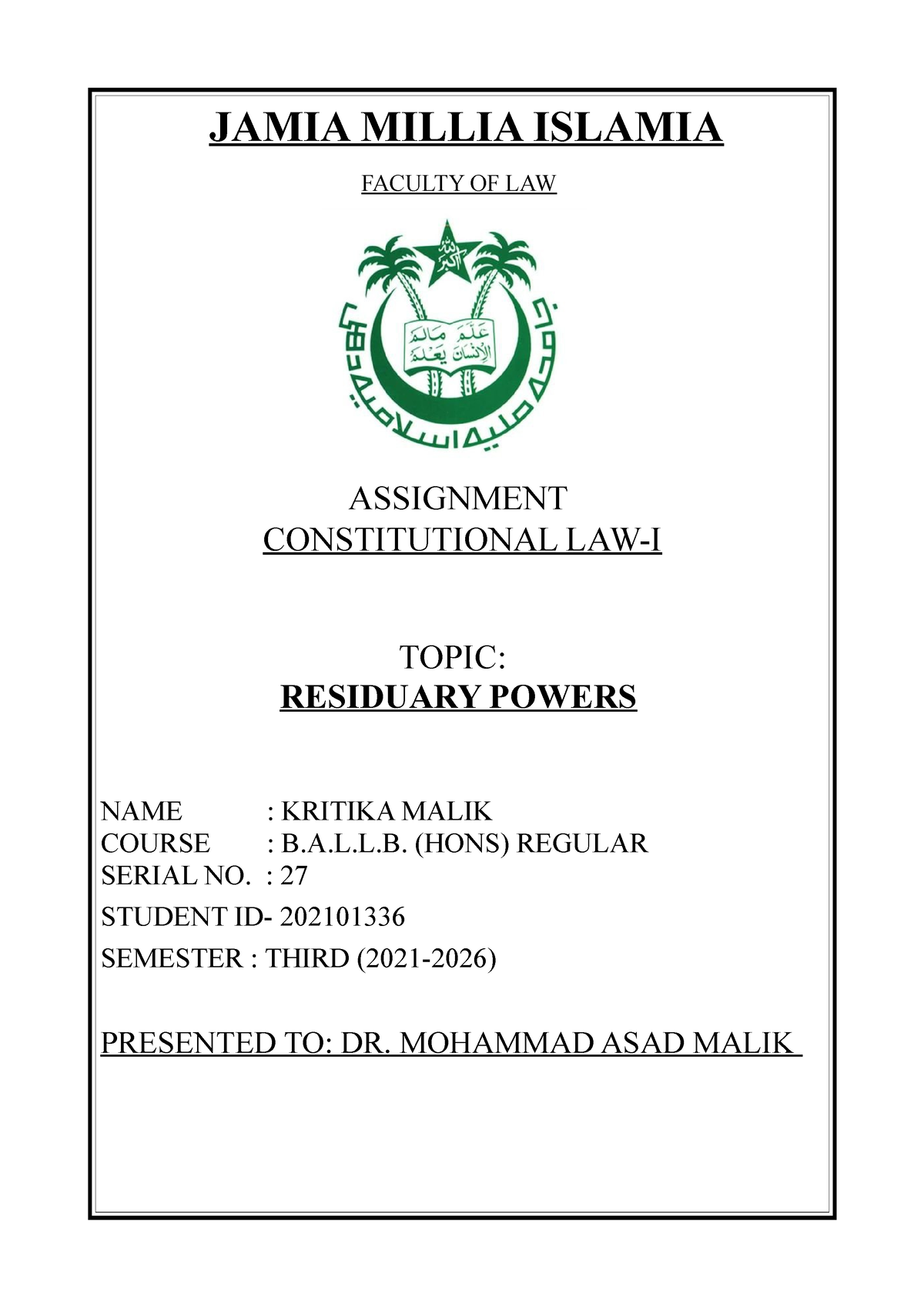 jamia assignment cover page