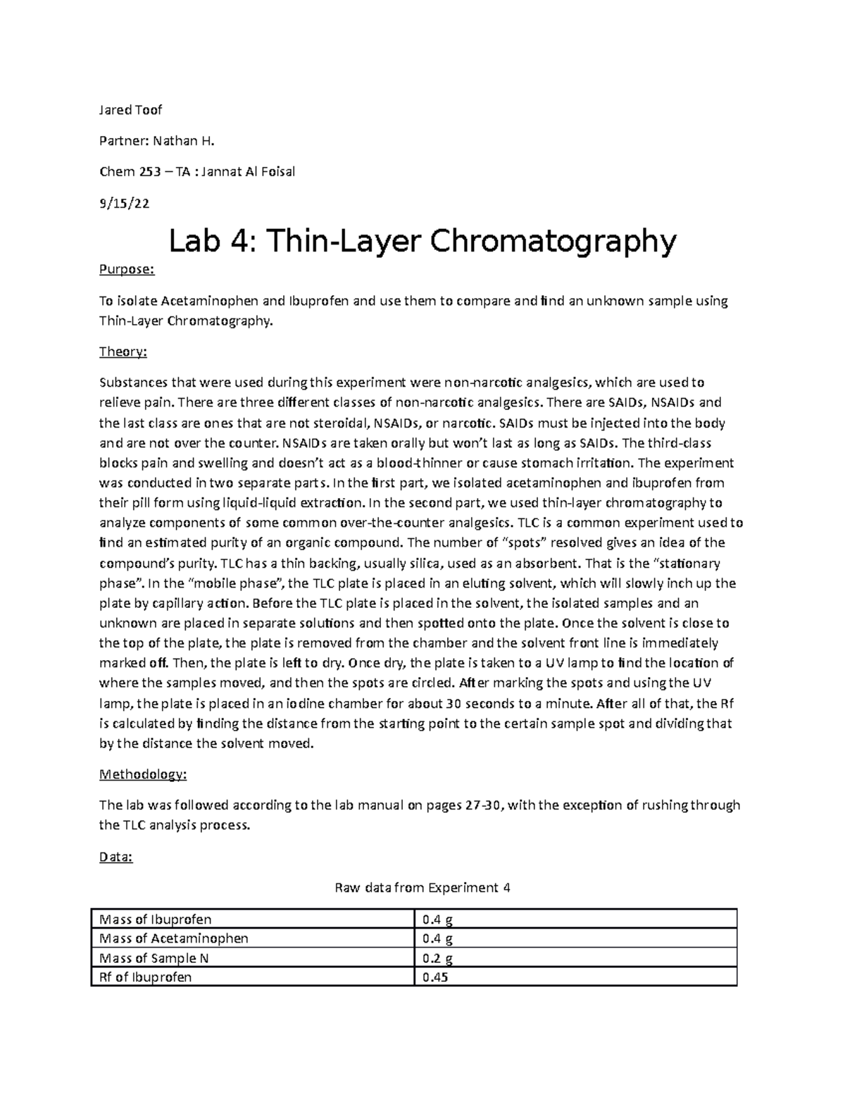 Lab 4 TLC To isolate Acetaminophen and Ibuprofen and use them to