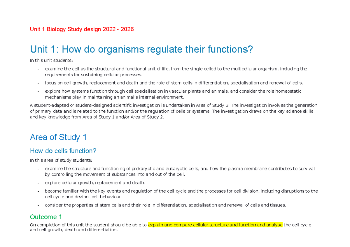 2022 VCAA Unit 1 Study design students Unit 1 Biology Study design