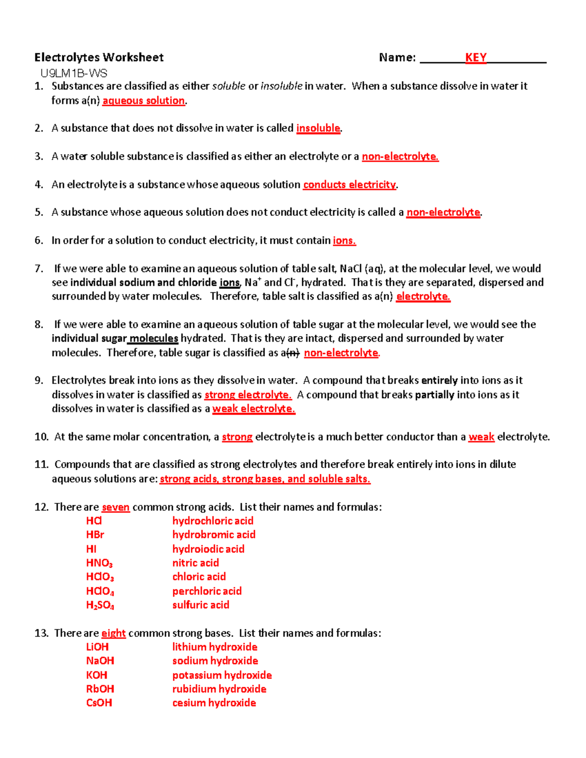ElectrolytesWkstKEY Electrolytes Worksheet Name KEY__ Substances