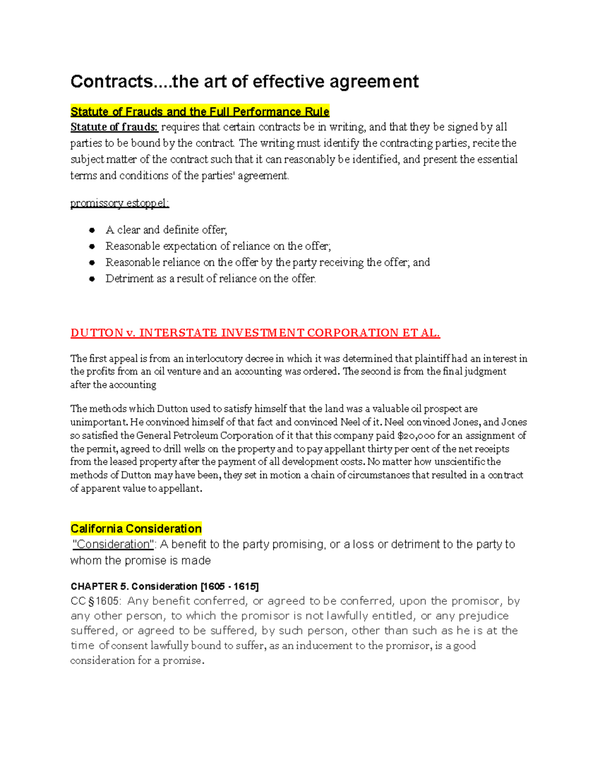 Fin 240 - Lecture notes 1-8 - Contracts... art of effective agreement ...