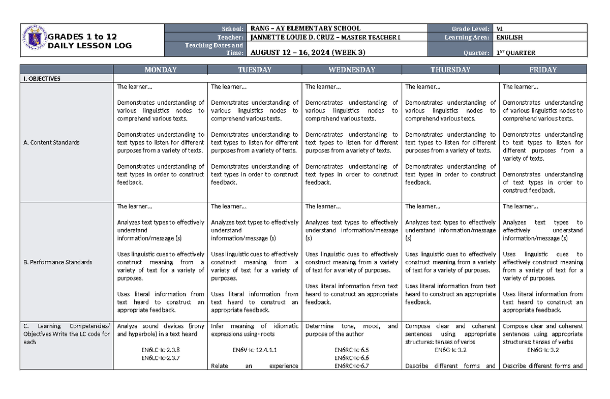 DLL English 6 Q1 W3 - A Daily Lesson Log (DLL) Is A Teacher's Daily ...