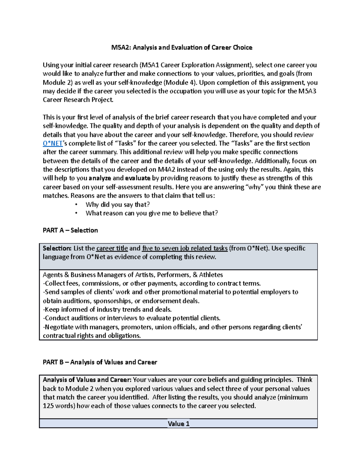 O*NET characterization of occupational choices