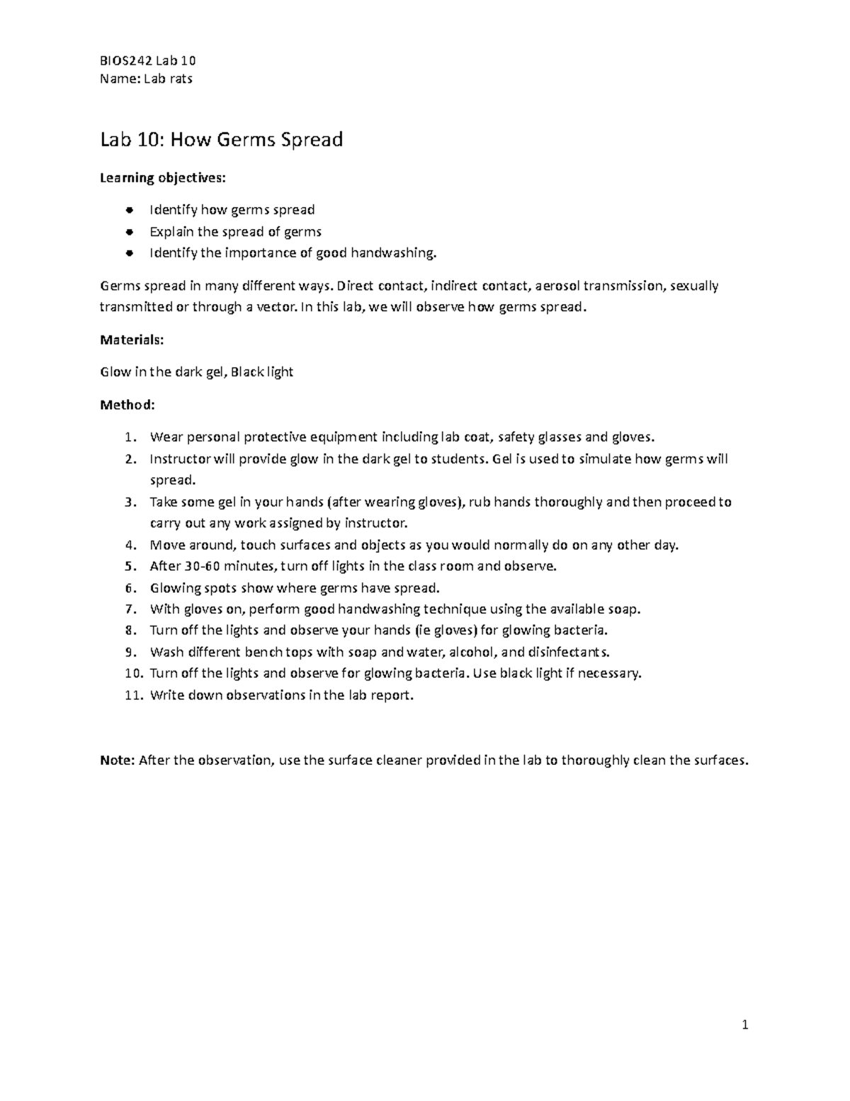 Bio 242 week 5 lab 10 (lab rats) Name Lab rats Lab 10 How Germs