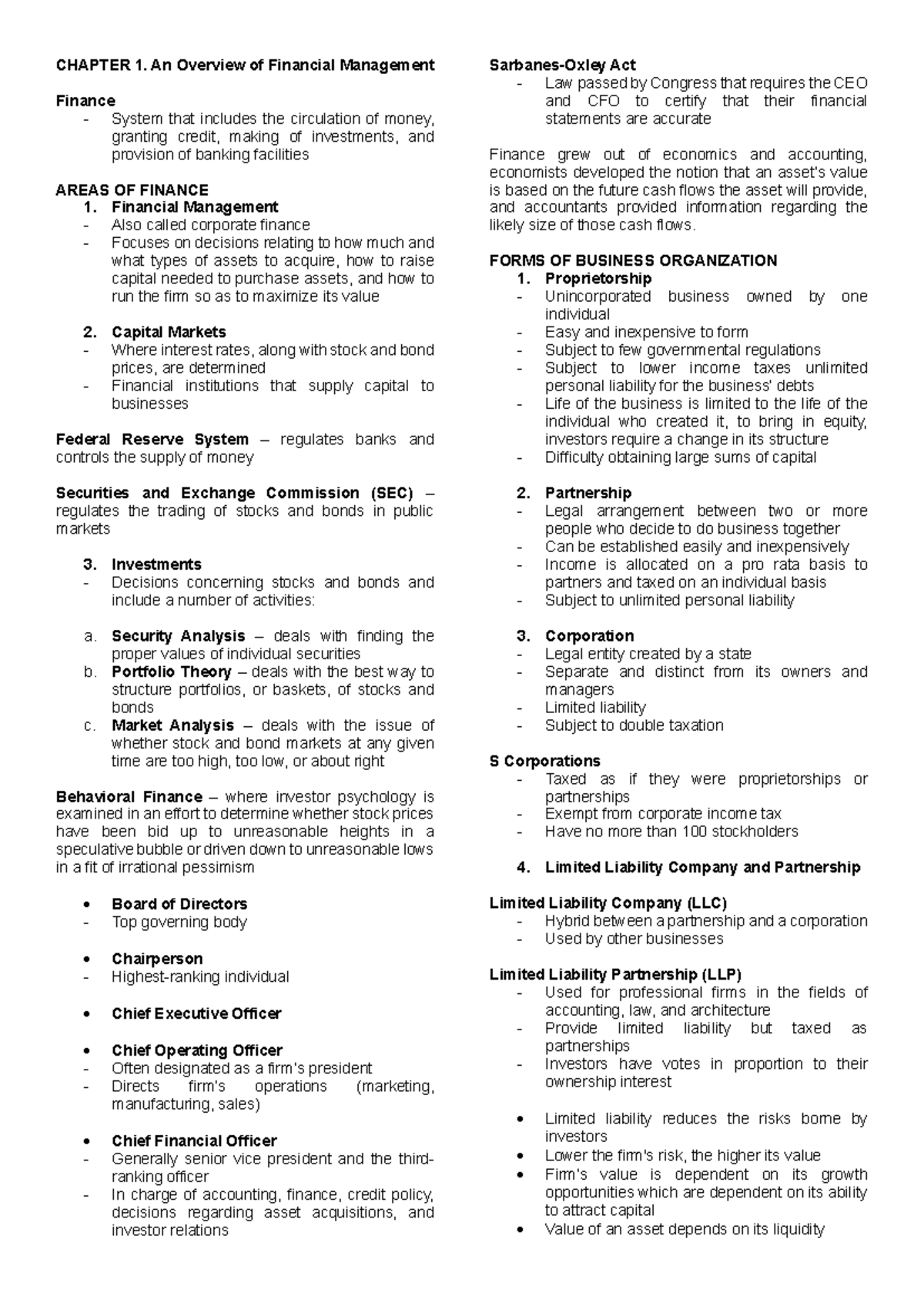 Finman-notes - Notes to Financial management basics - CHAPTER 1. An ...