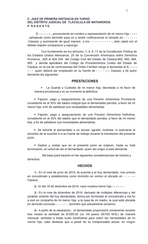 Demanda Pensión Alimenticias - 1 C. JUEZ DE PRIMERA INSTANCIA EN TURNO DEL  DISTRITO JUDICIAL DE - Studocu