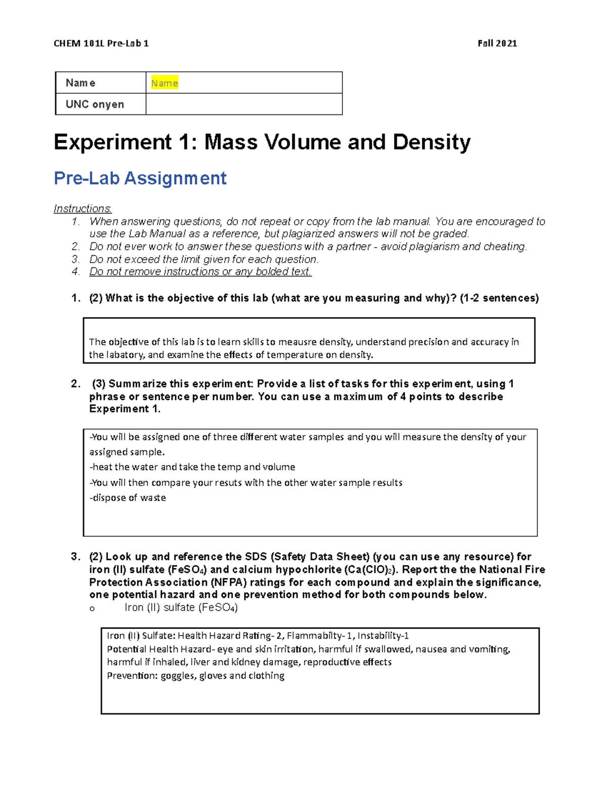 density experiment form 1