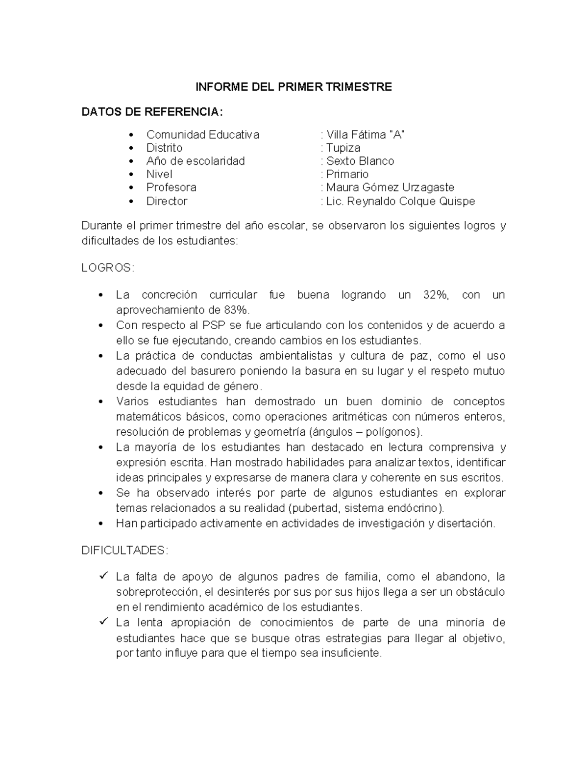 Informe Trimestre 1 - INFORME DEL PRIMER TRIMESTRE DATOS DE REFERENCIA ...