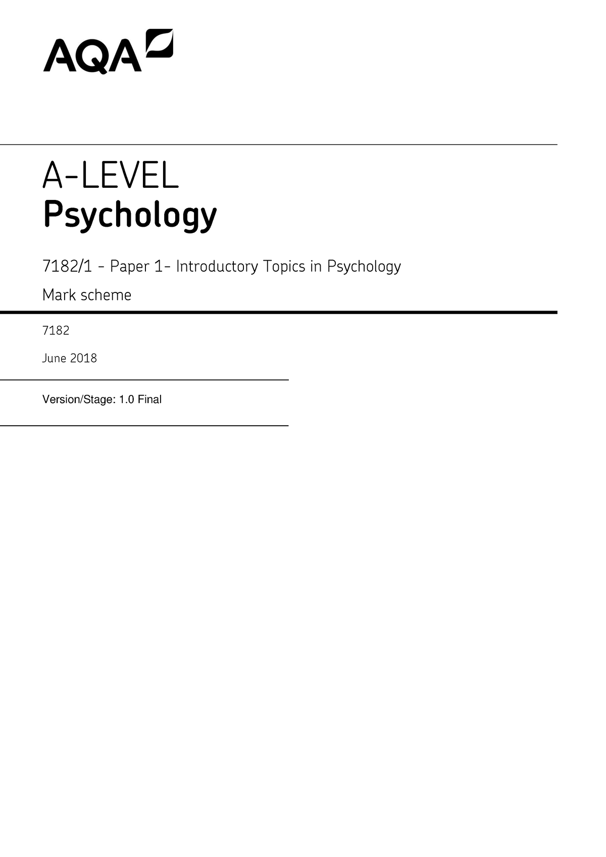 June 2018 MS - Paper 1 AQA Psychology A-level - A-LEVEL Psychology 7182 ...