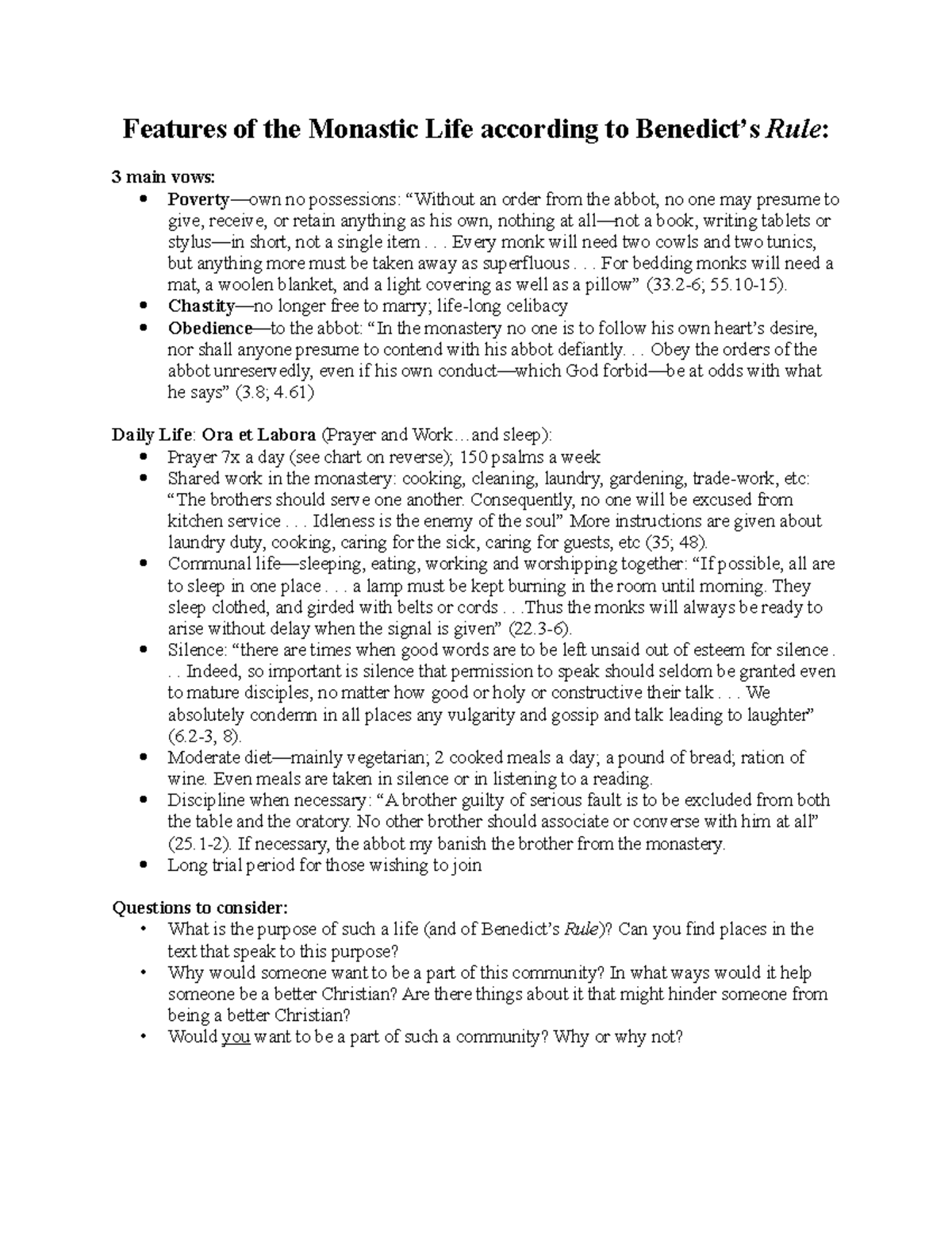 Benedicts Rule. Summary - Features of the Monastic Life according to ...