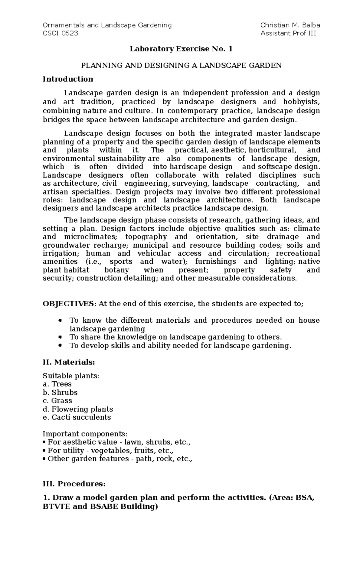 Lab exercise 1 Planning and Design - Ornamentals and Landscape ...