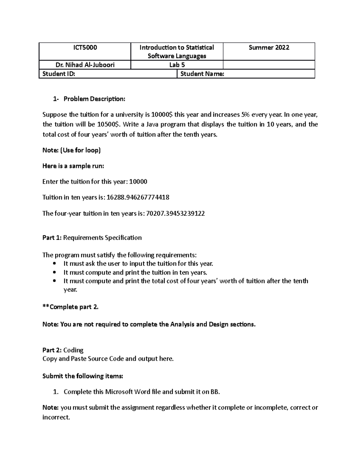 Lab 5 - Assisgnment - ICT5000 Introduction to Statistical Software ...