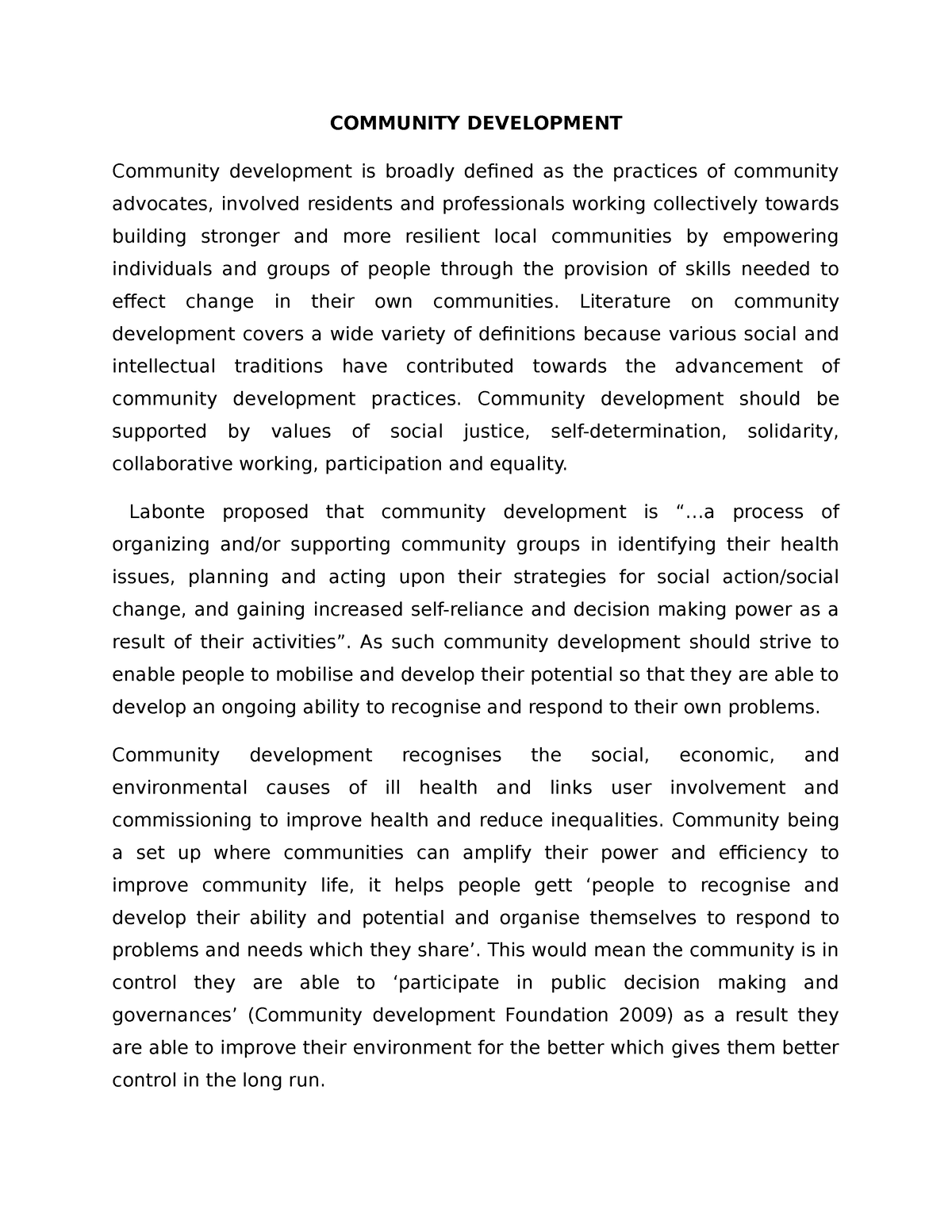 community development social work essay