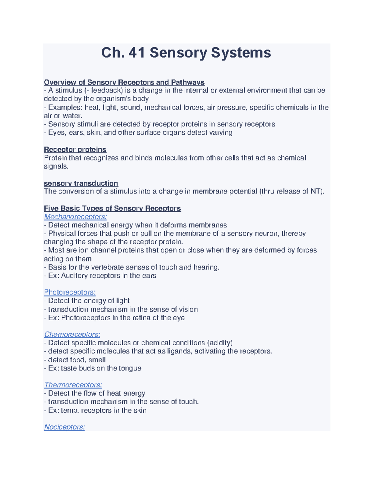 Ch. 41 Sensory Systems - summery with all possible questions - Ch. 41 ...