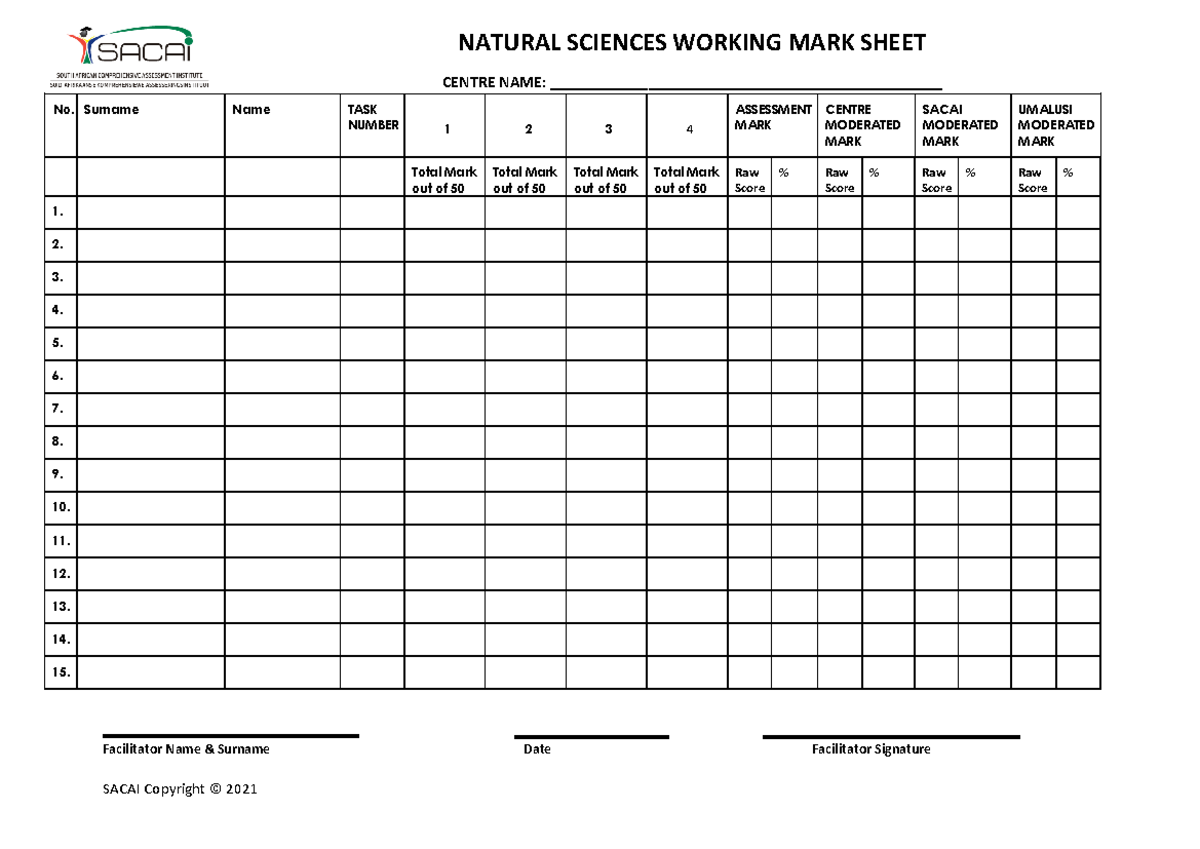 Working Mark sheet - Natural Sciences - SACAI Copyright © 2021 NATURAL ...