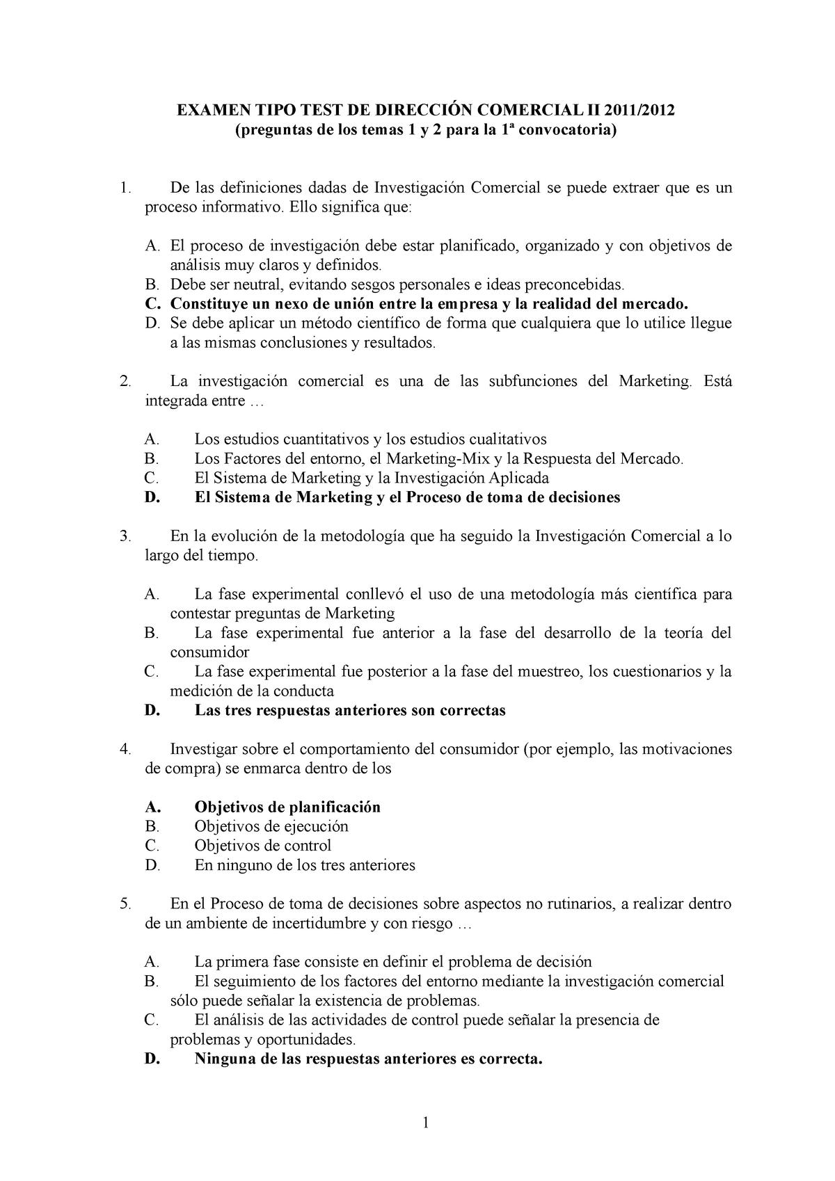 Examen Mayo Preguntas Y Respuestas Examen Tipo Test De Direcci N Comercial Ii