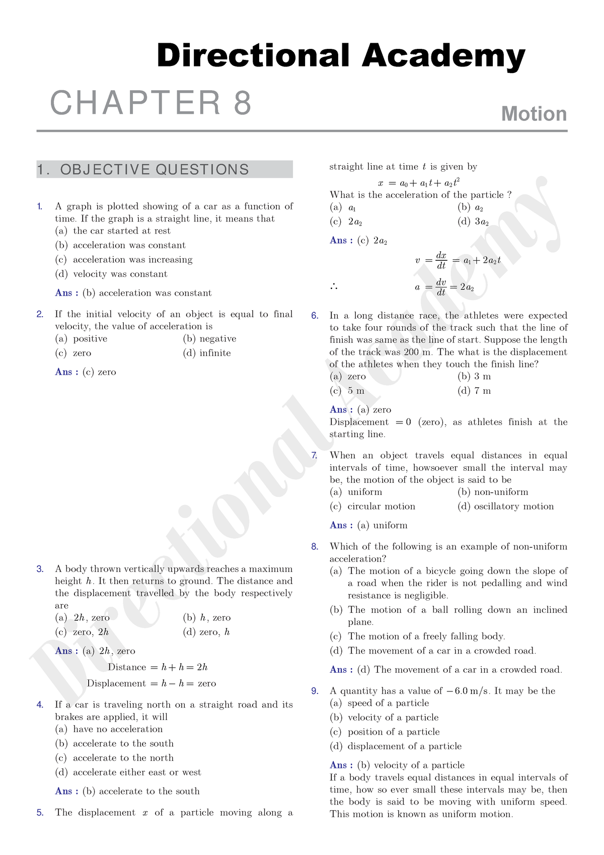 CBSE Chapter 8 Motion MCQs - Motion 1. OB J ECT I V E QU EST I ON S A ...