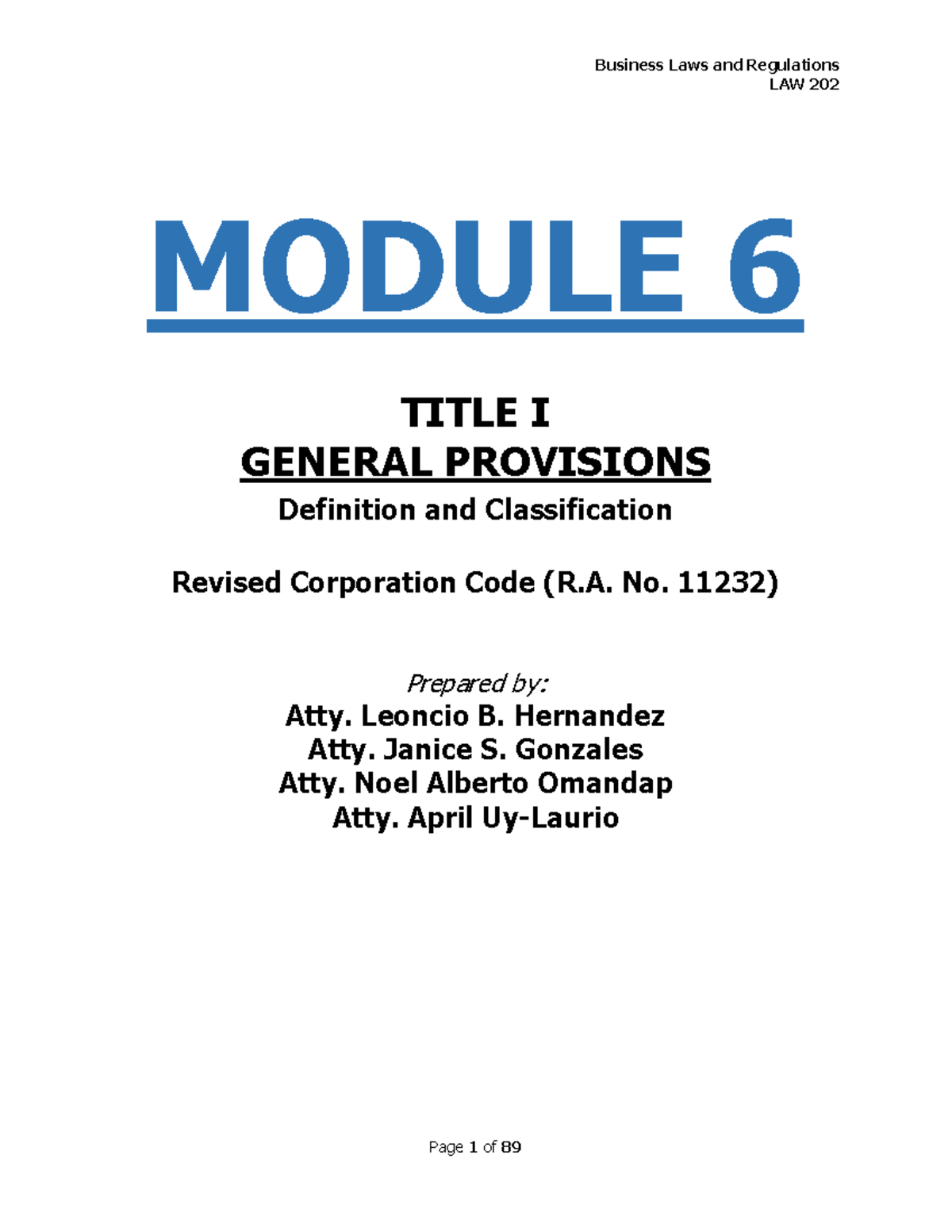 Corporation - Law - LAW 202 MODULE 6 TITLE I GENERAL PROVISIONS ...