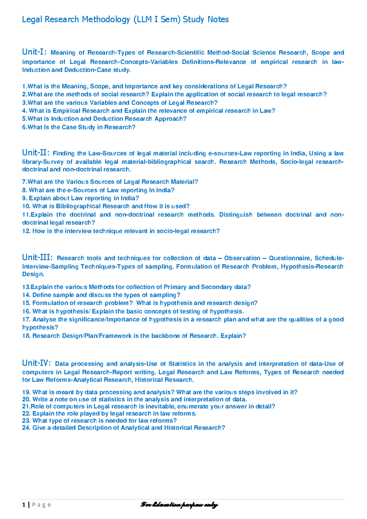 646358393 Legal Research Methodology Study notes LLM I Sem Highlights ...