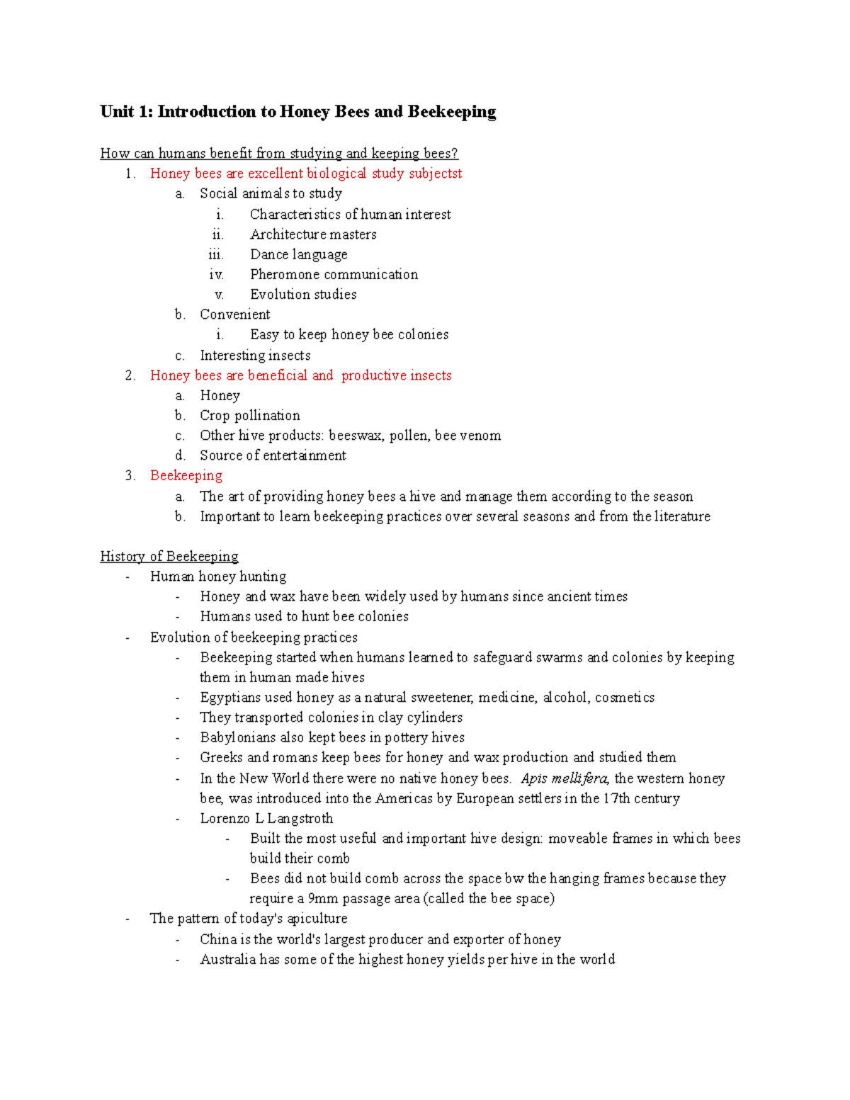 ENVS 2210 - Lecture notes all - Unit 1: Introduction to Honey Bees and ...