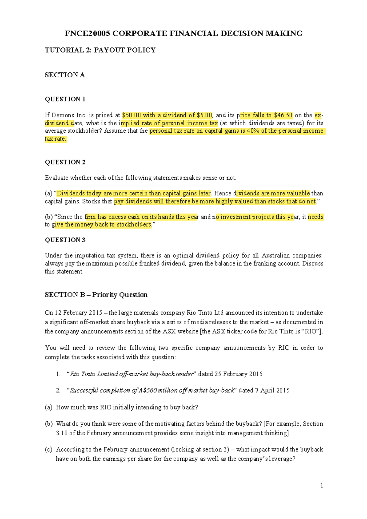 Tutorial 2 with solutions 2023 FNCE20005 CORPORATE FINANCIAL DECISION MAKING TUTORIAL 2