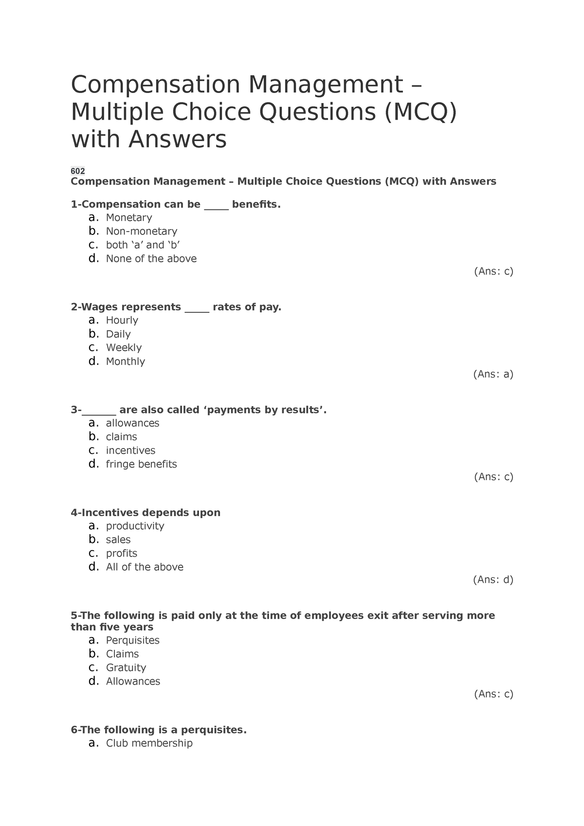 Topic 8 10 MCQ MBA Revision Compensation Management Multiple 