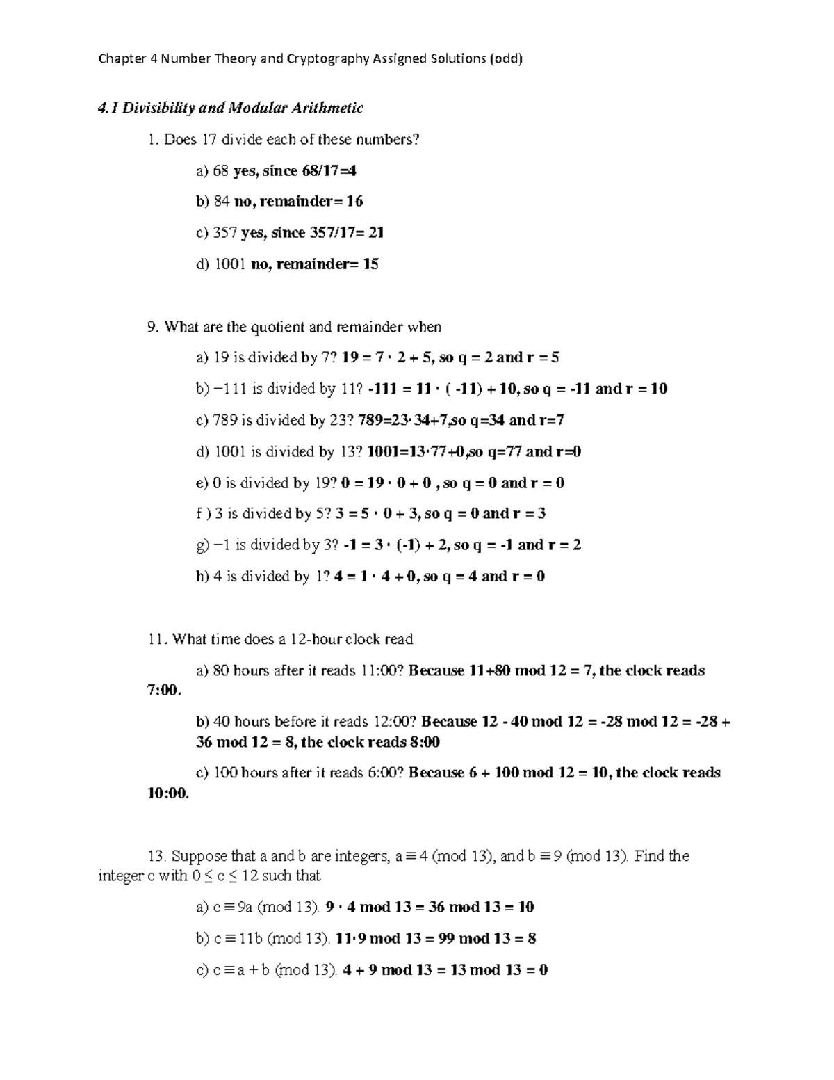 Chapter 4 Number Theory And Cryptography Assigned Solutions (odd) - 4 ...