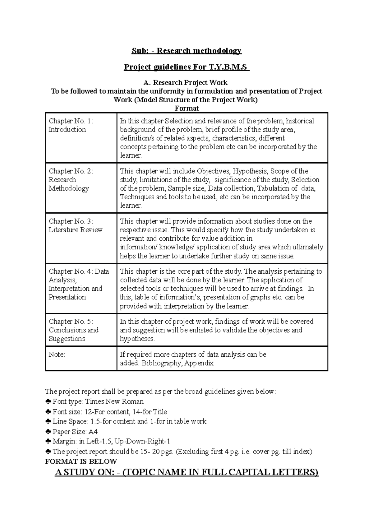 Guidelines and Format for TY.BMS. Research Methodology - Sub ...