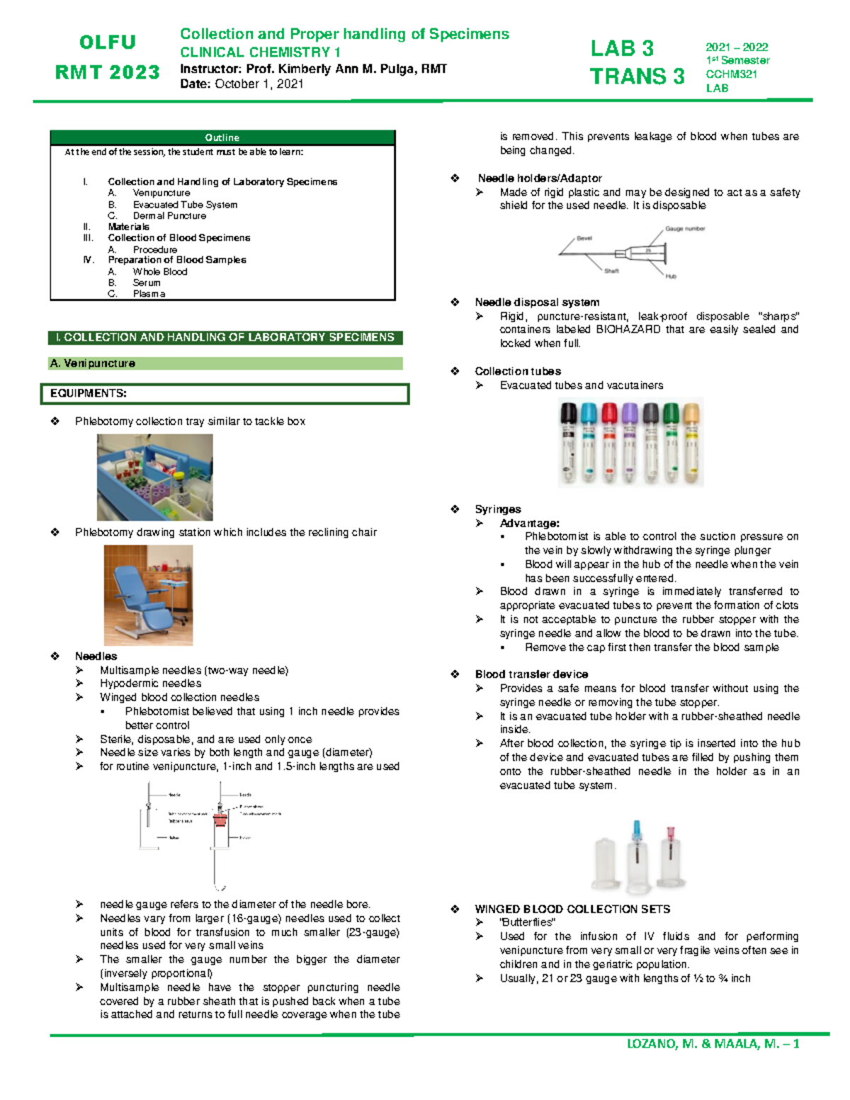 Clinical Chemistry Trans 3 LAB 1 Collection and Proper handling of