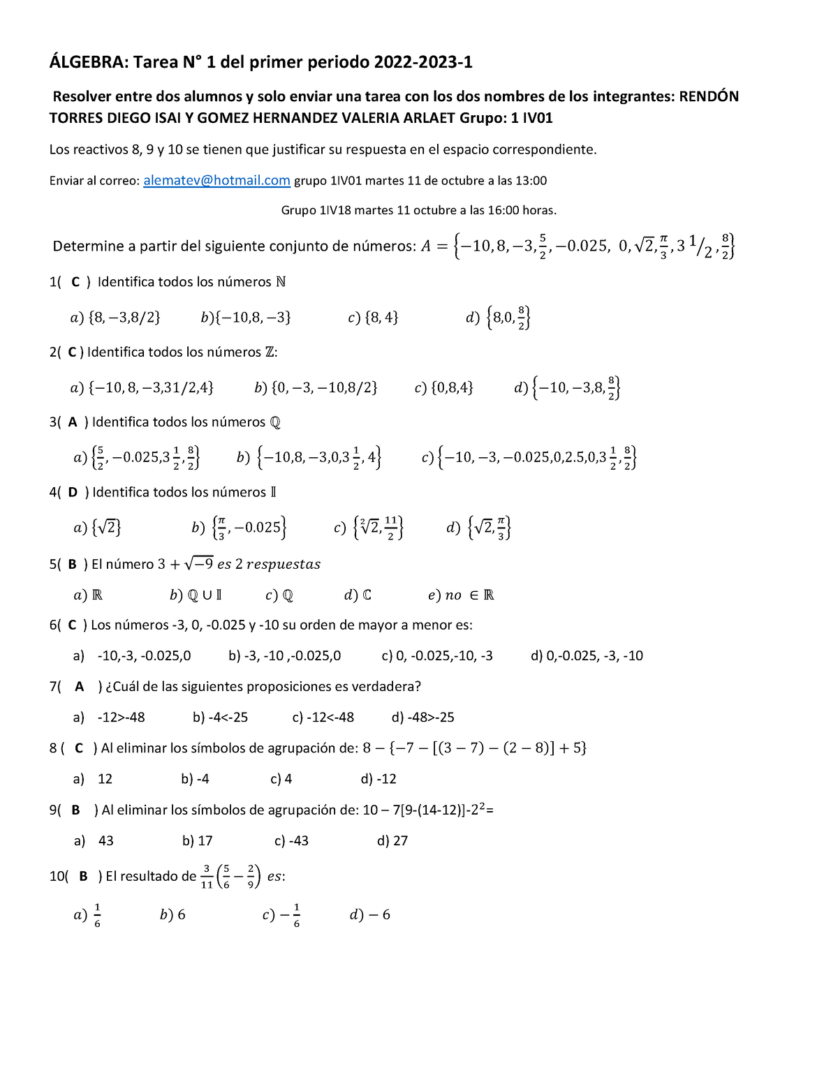 Álgebra Tarea 1 P-I - ¡LGEBRA: Tarea N∞ 1 Del Primer Periodo 2022-2023 ...