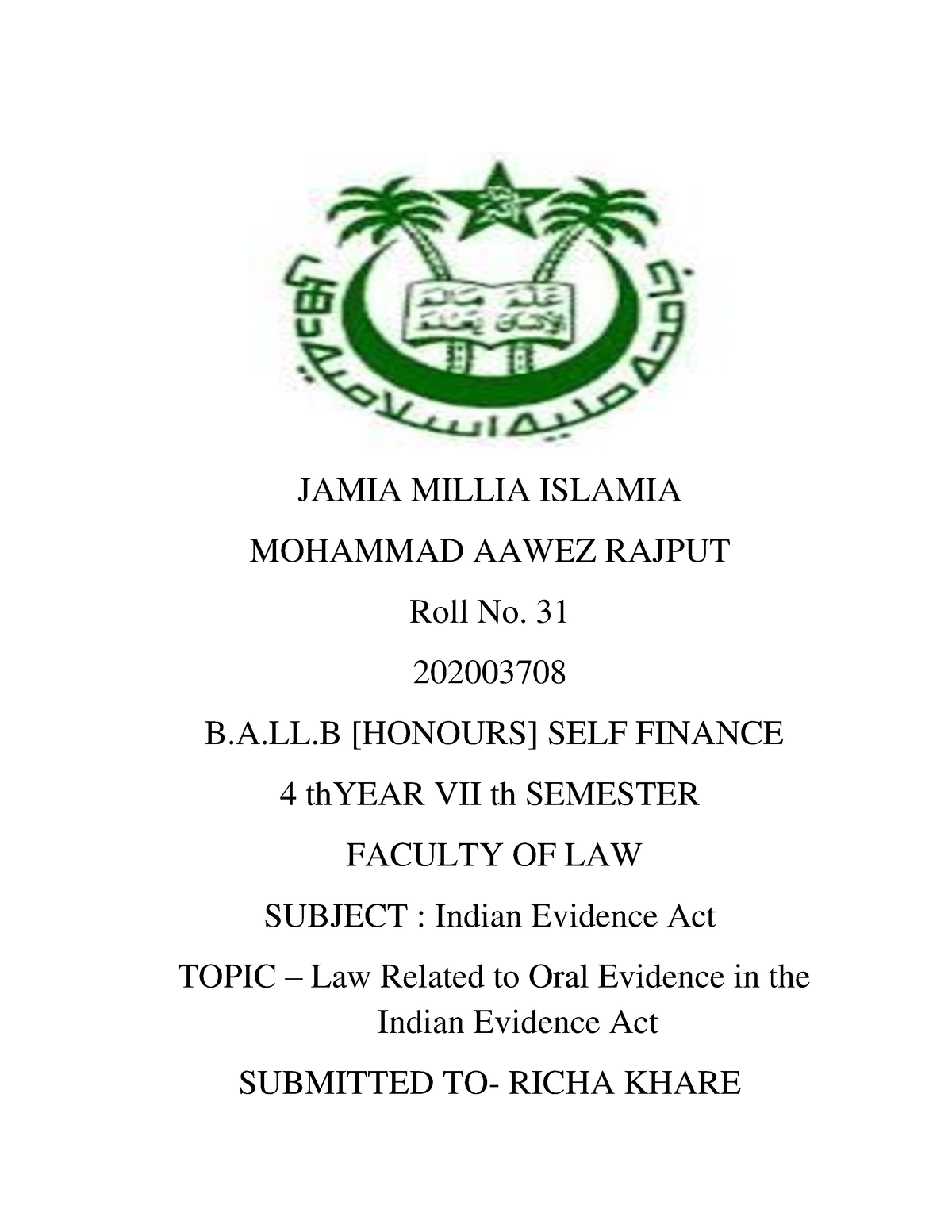 jamia assignment cover page