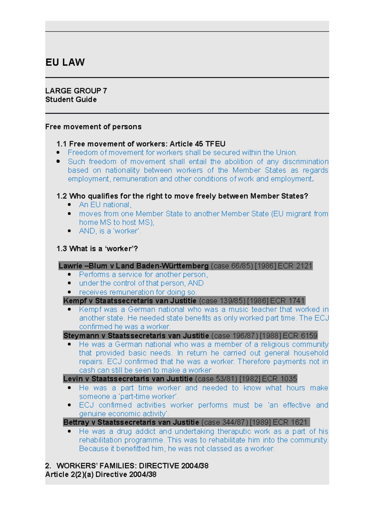 EU LG 7 Notes - Free movement of persons - EU LAW LARGE GROUP 7 Student ...