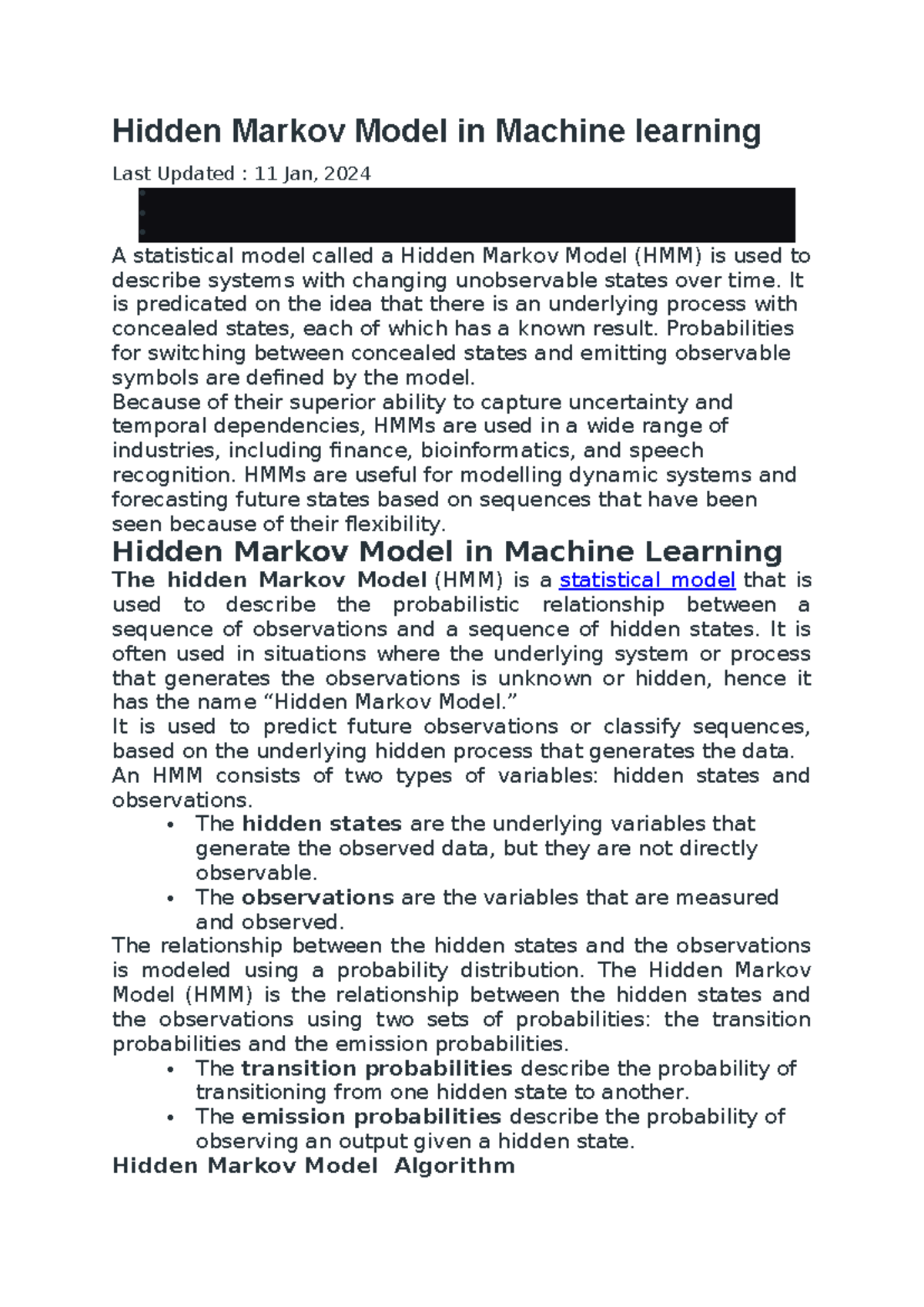 Hidden Markov Model in Machine learning - It is predicated on the idea ...