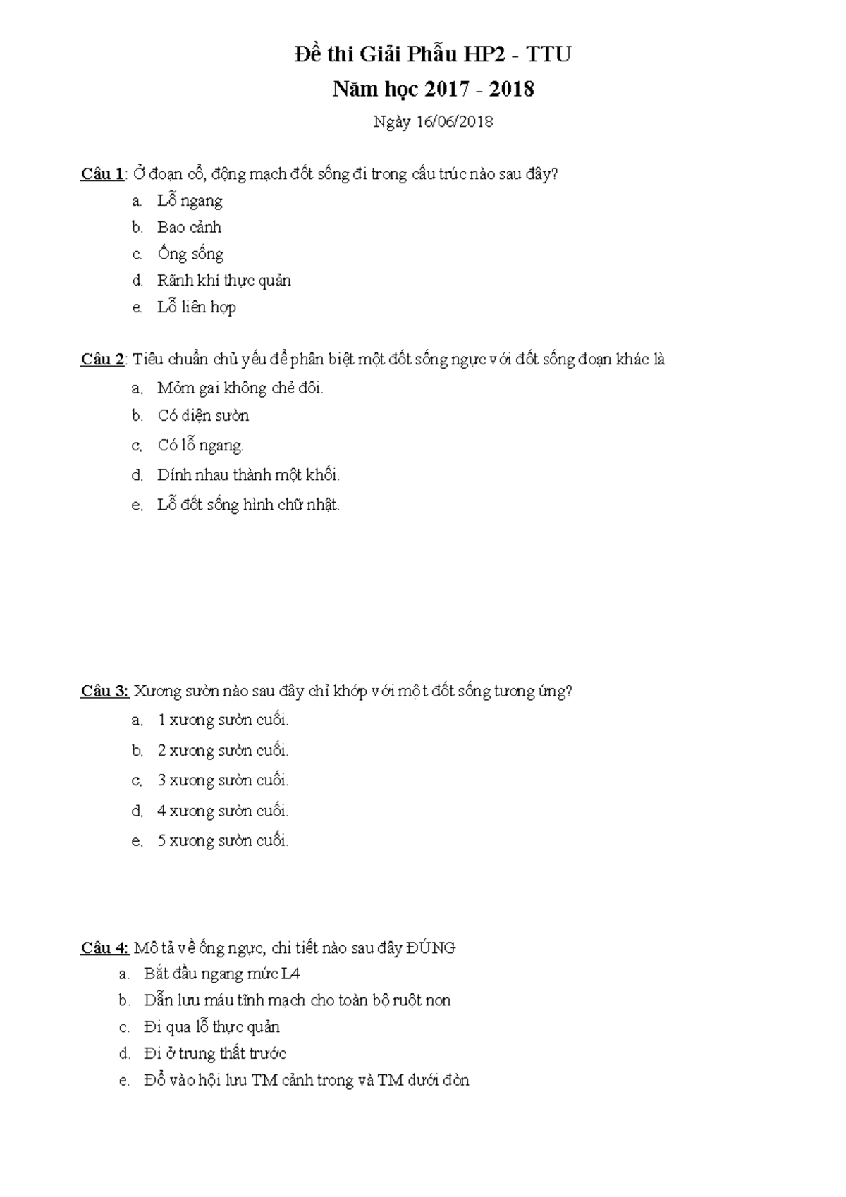 [Spring 2018 ] Anatomy II Final Exam Đ thi Gi愃ऀi Ph ̀u HP2 TTU Năm