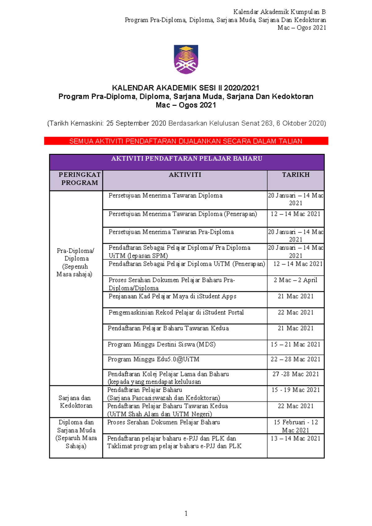 Kalendar Akademik Kumpulan B Program Pra-Diploma Diploma Sarjana Muda ...