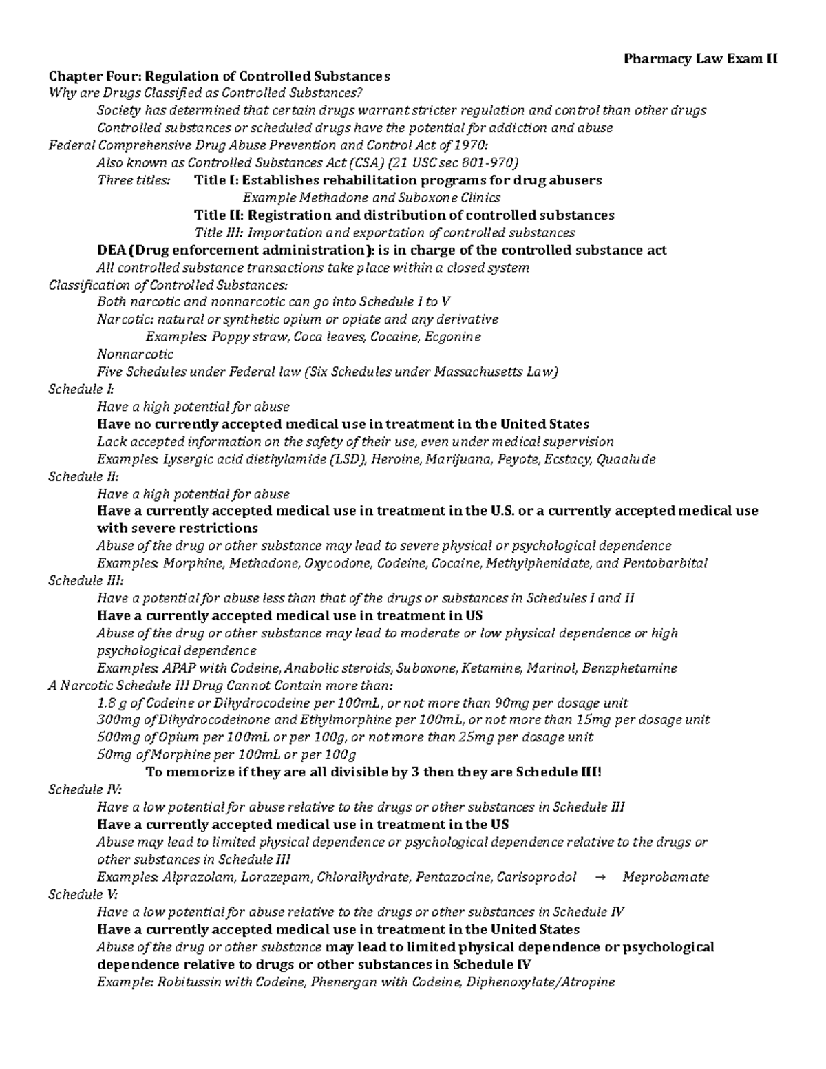 Pharmacy Law Exam II Study Guide Pharmacy Law Exam II Chapter Four Regulation of Controlled