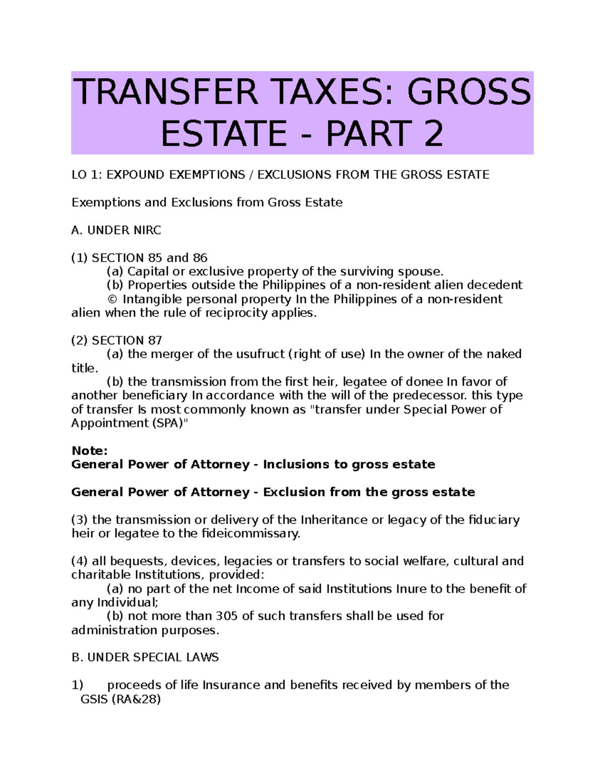 Transfer TAXE1 TRANSFER TAXES GROSS ESTATE PART 2 LO 1 EXPOUND EXEMPTIONS / EXCLUSIONS