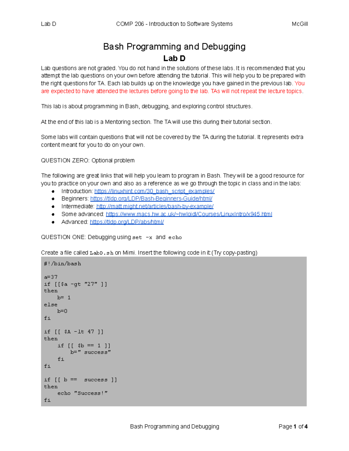 COMP206 - Lab D - tutorial work done with TA's to practice course ...