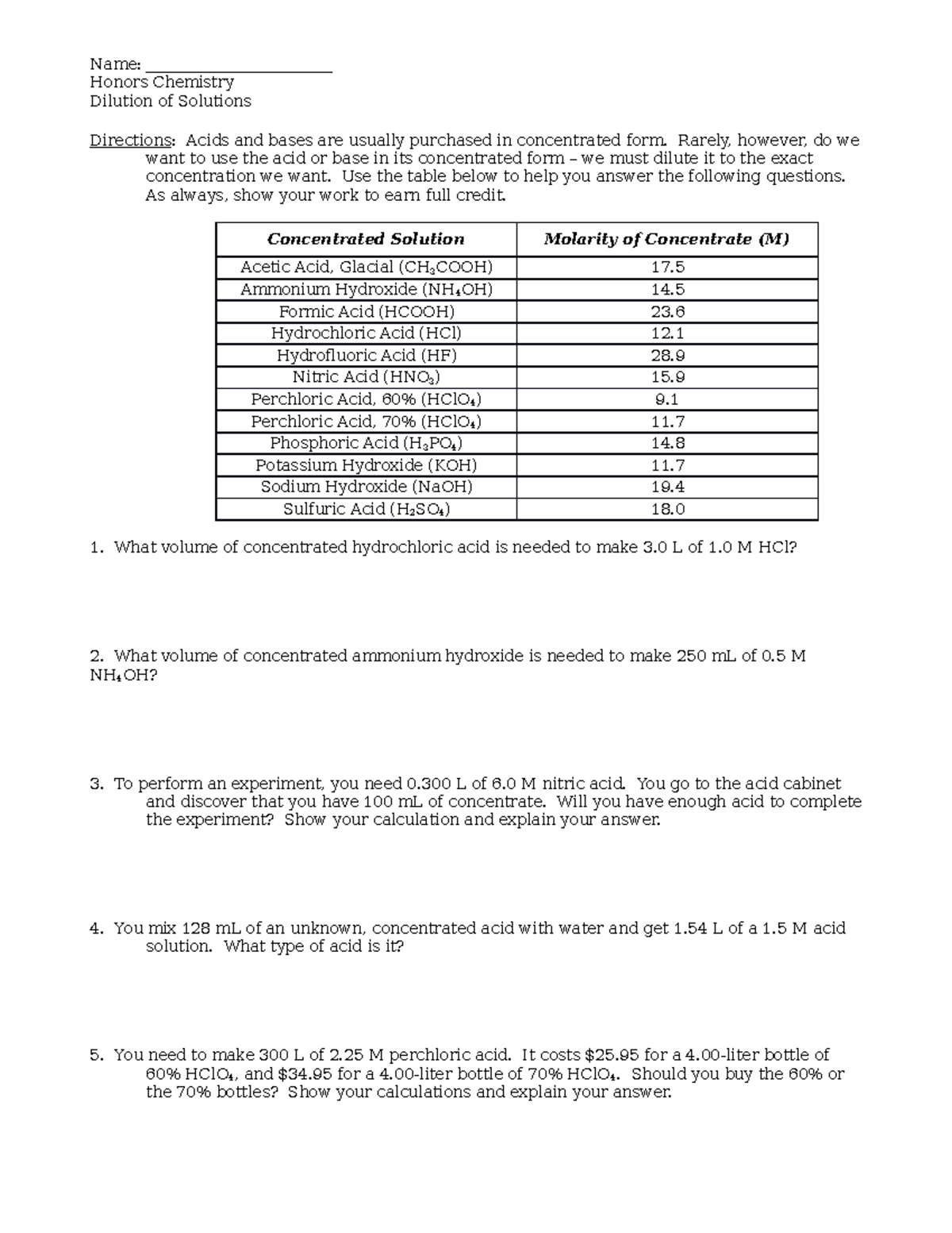 20 Honors Dilution WS2 Name ________________________ Honors